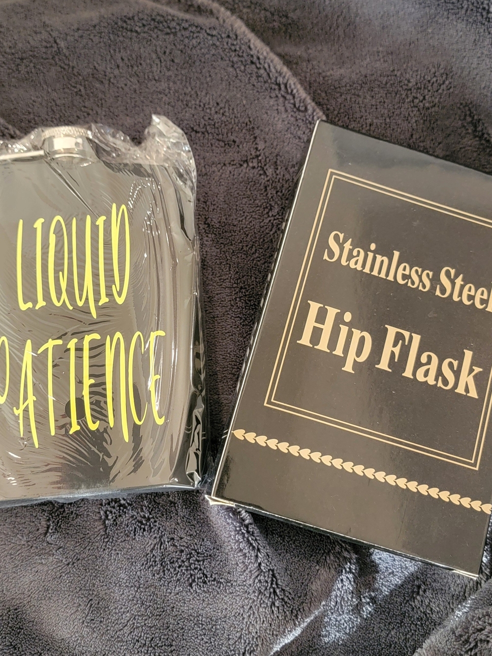 Stainless Steel Black Hip Flask with 'Liquid Patience' Text